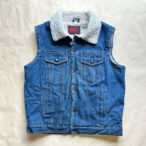 Vintage 80s lined denim vest, dark denim, fuzzy Sherpa lining, used gd condition - Picture 1 of 10